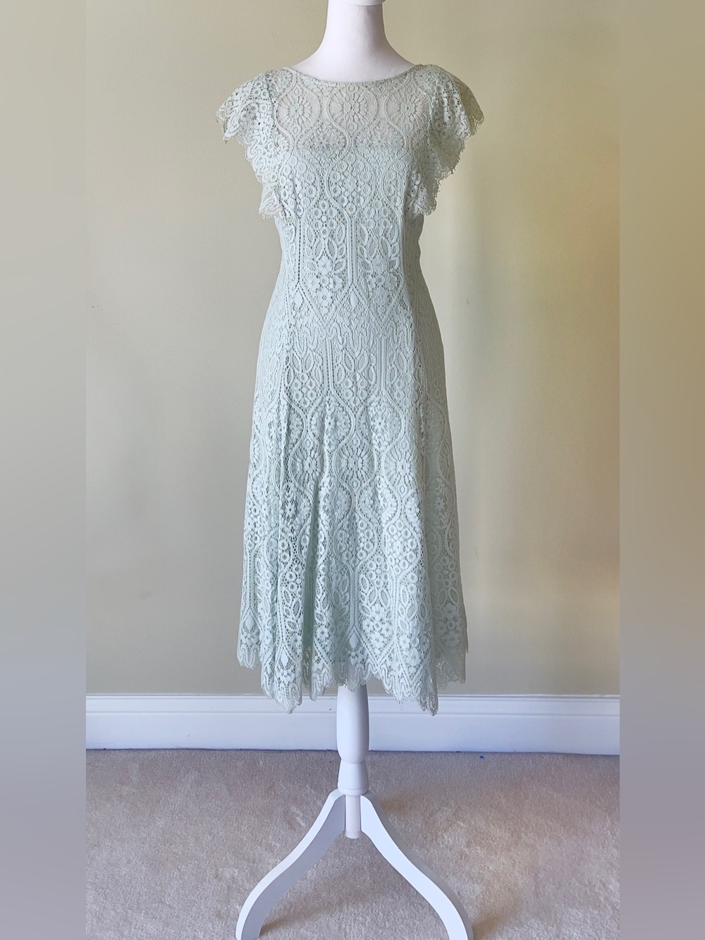 TAHARI Arthur S. Levine Soft Mint Green Scalloped Lace Illusion Yoke Dress 12P